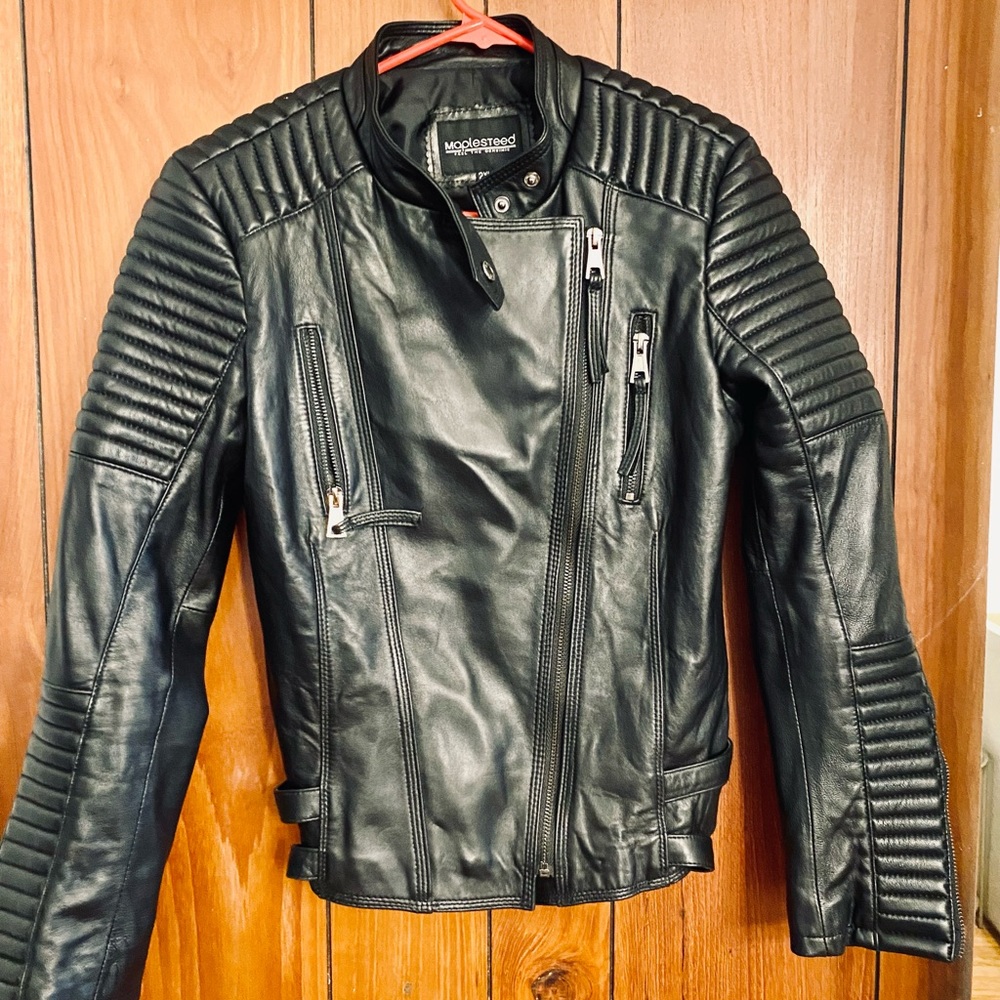 Maplesteed Women’s Genuine Black Sheepskin Leather Moto Biker Jacket Slim Fit - Picture 3 of 9
